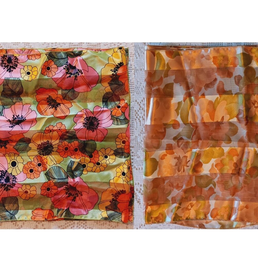 Set of Two Vintage Satin Floral Scarves (Made in Korea) | 2 for $10